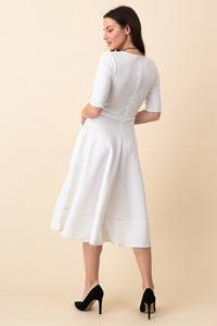 Elbow Sleeve V-Neck Flared Midi Dress (Ivory)